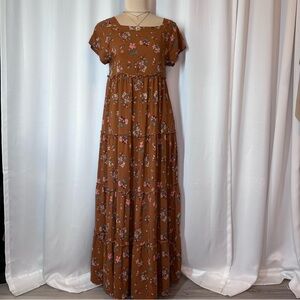 Natural Life ‘Berkley’ Tiered Maxi Dress Sz XS Brown Bouquet Smocked Boho EUC